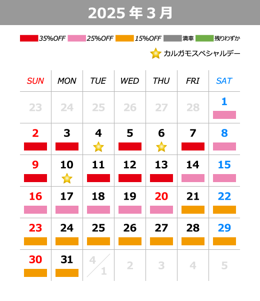 2025年3月料金カレンダー