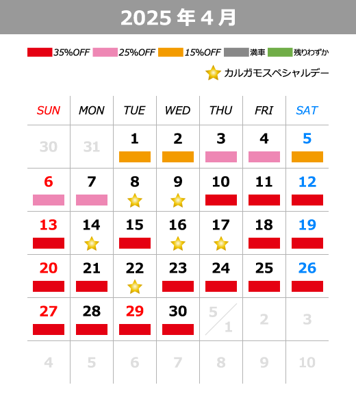 2025年4月料金カレンダー